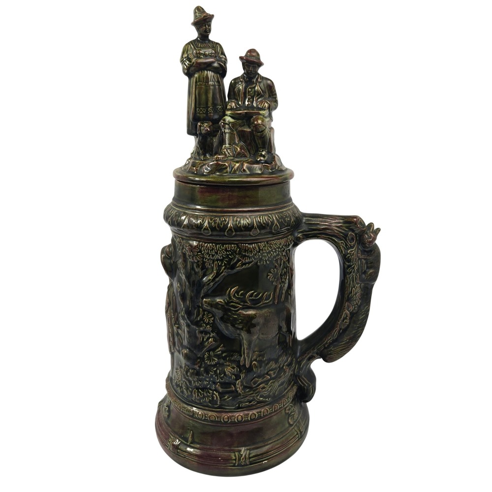 Vintage Large Ceramic Beer Stein with Figural Lid Hunter Scene Fox Handle 16in